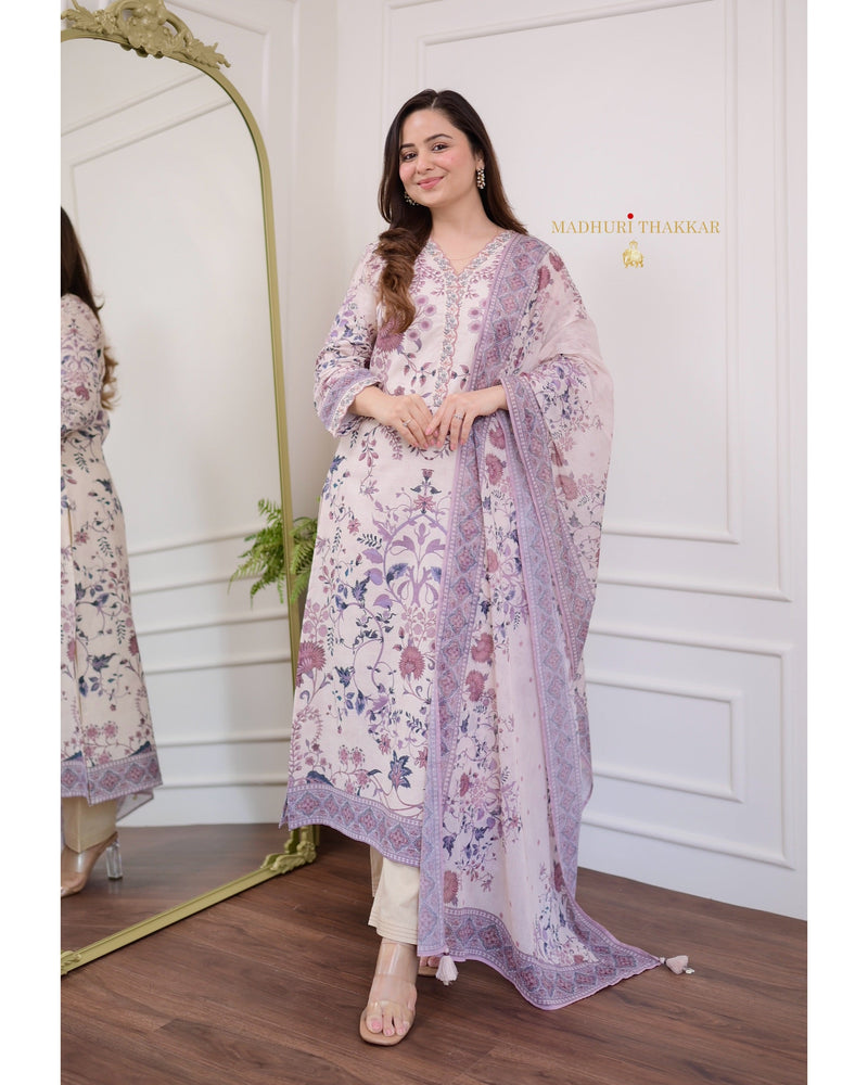 Ivory-Lilac Floral Mul Cotton Suit