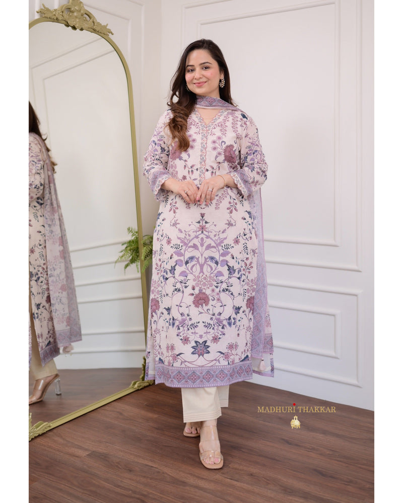 Ivory-Lilac Floral Mul Cotton Suit