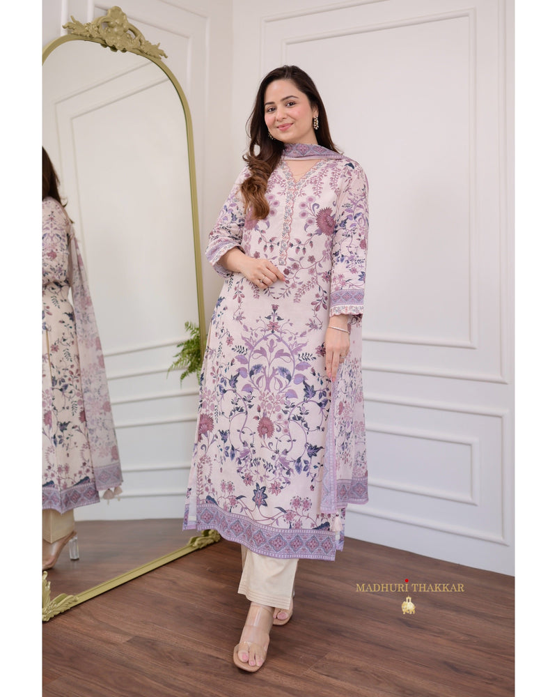 Ivory-Lilac Floral Mul Cotton Suit