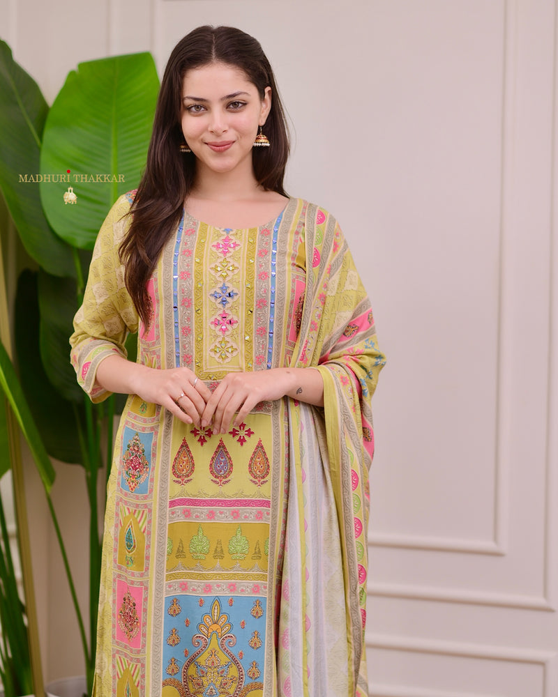 Greenish Yellow Handwork Printed Muslin Suit