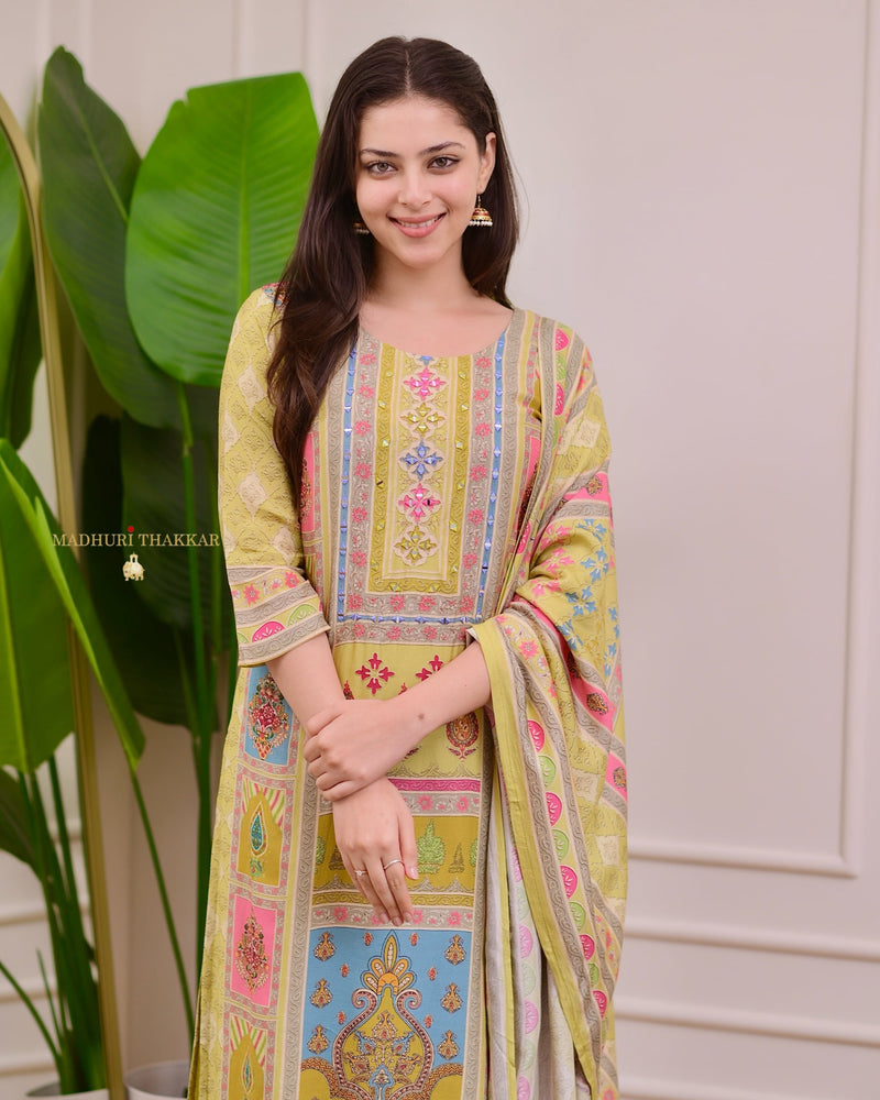 Greenish Yellow Handwork Printed Muslin Suit