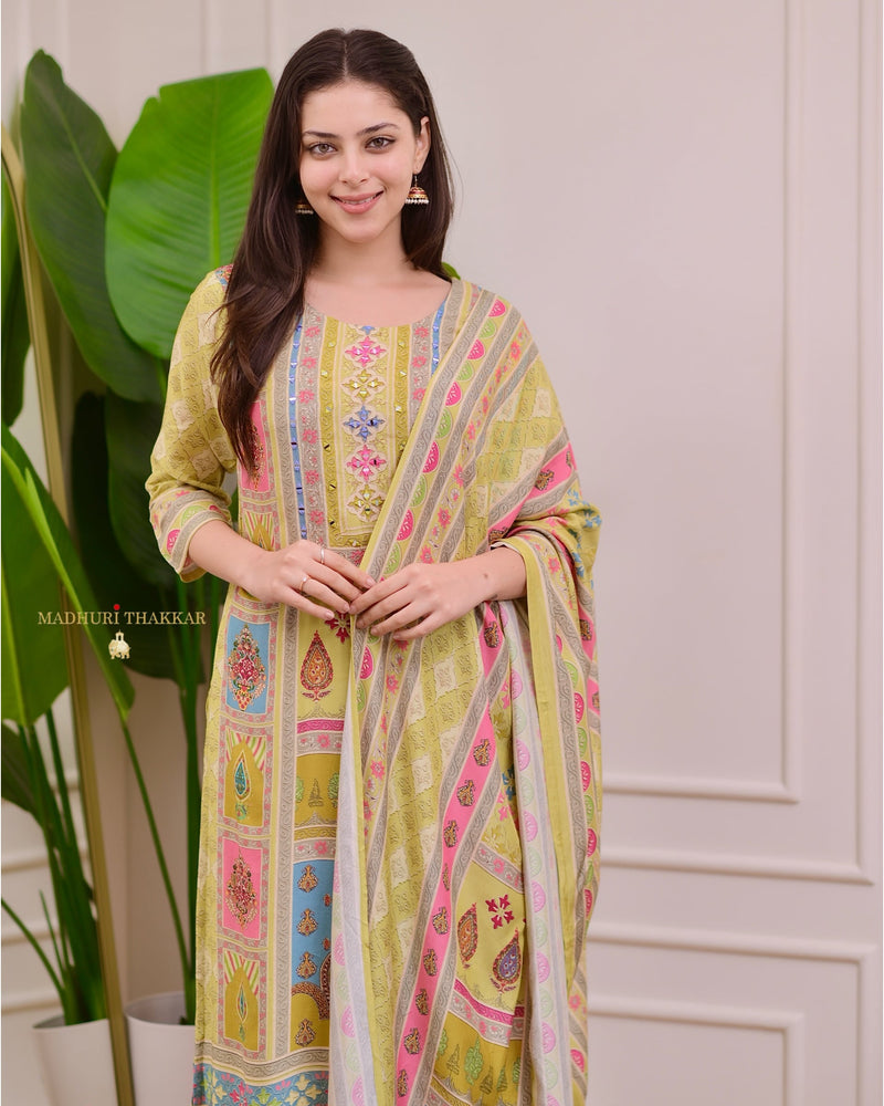 Greenish Yellow Handwork Printed Muslin Suit