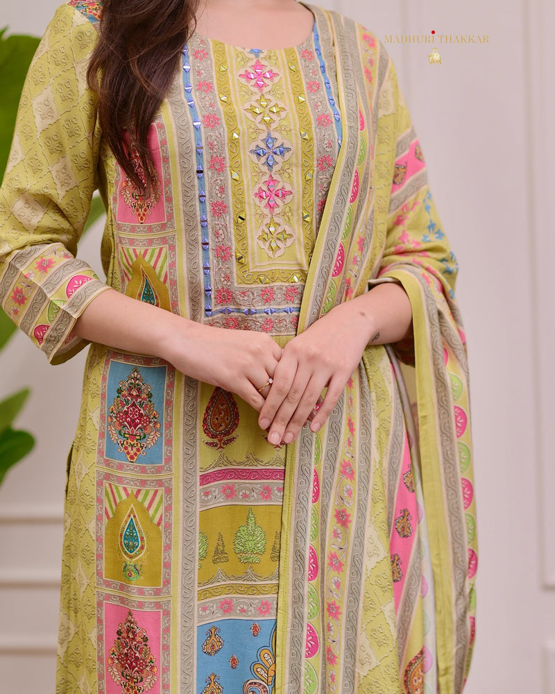 Greenish Yellow Handwork Printed Muslin Suit