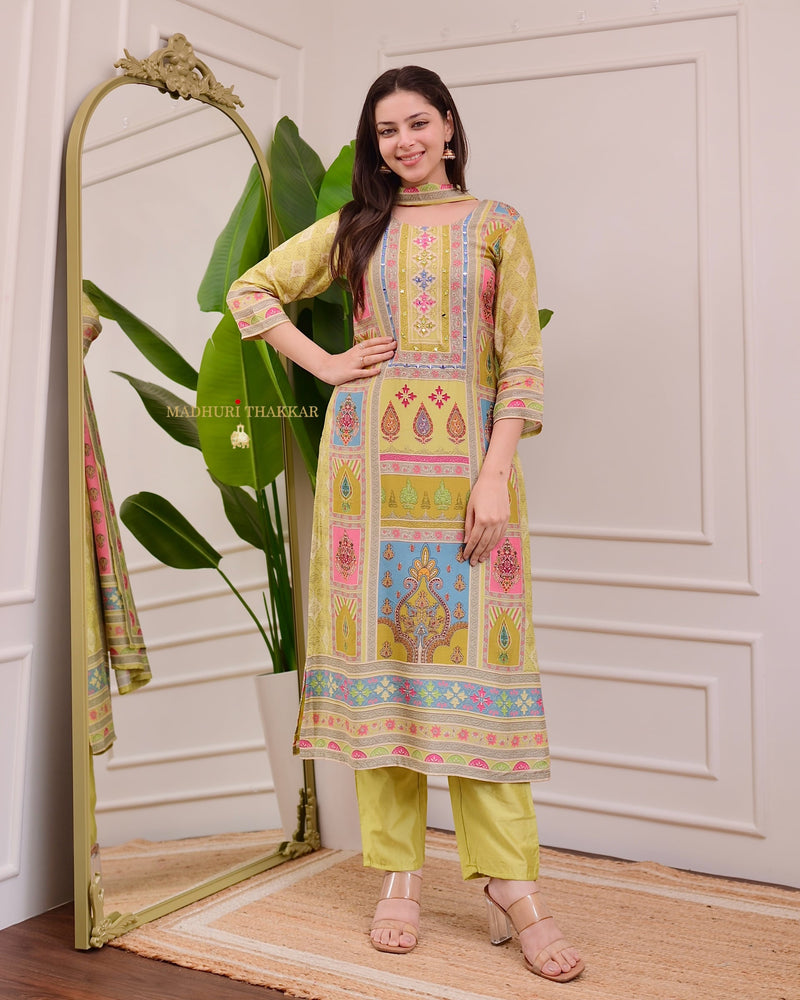 Greenish Yellow Handwork Printed Muslin Suit