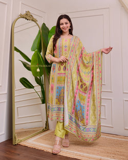 Greenish Yellow Handwork Printed Muslin Suit