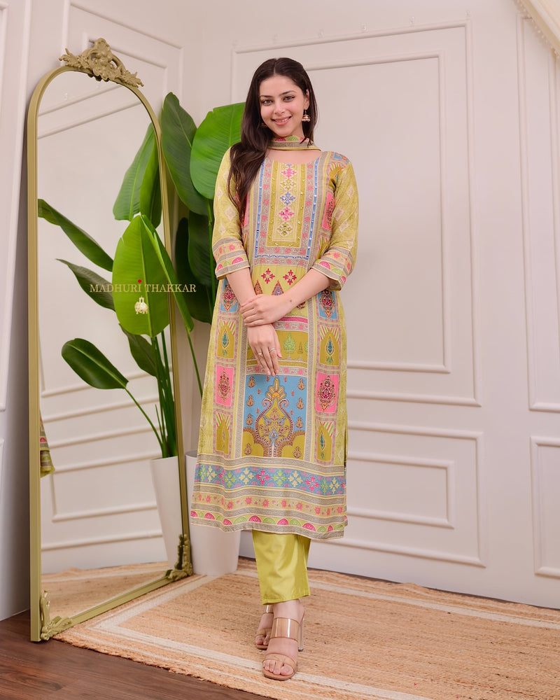 Greenish Yellow Handwork Printed Muslin Suit