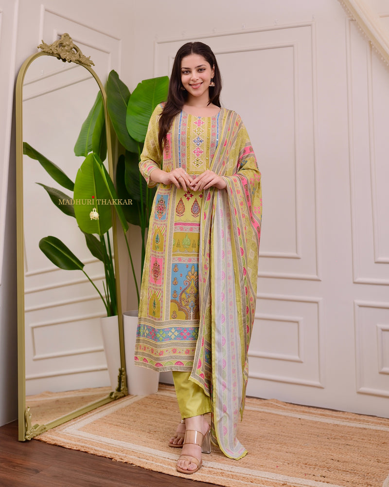 Greenish Yellow Handwork Printed Muslin Suit