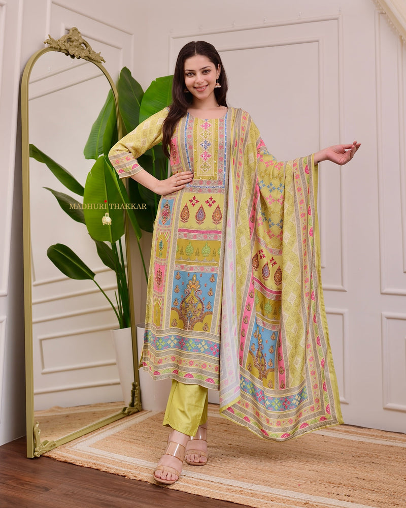 Greenish Yellow Handwork Printed Muslin Suit