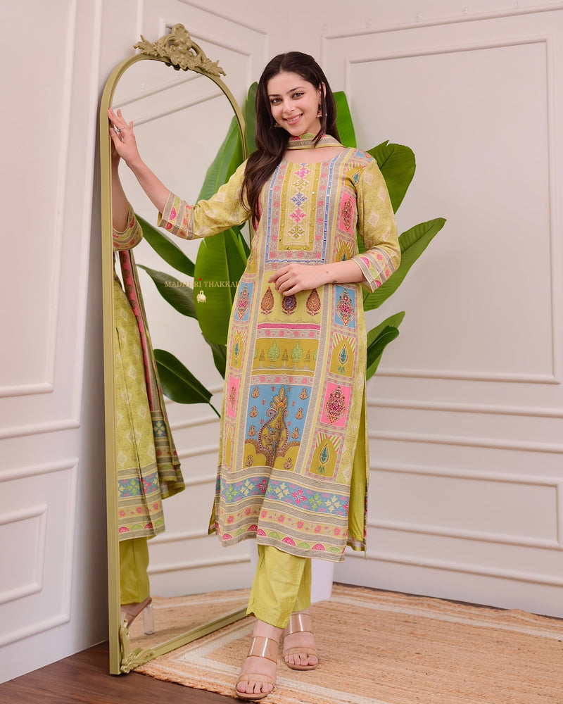 Greenish Yellow Handwork Printed Muslin Suit