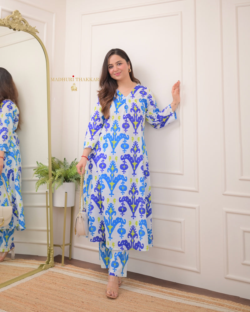 Ivory Blue Baroque Cotton A Line Kurta Set