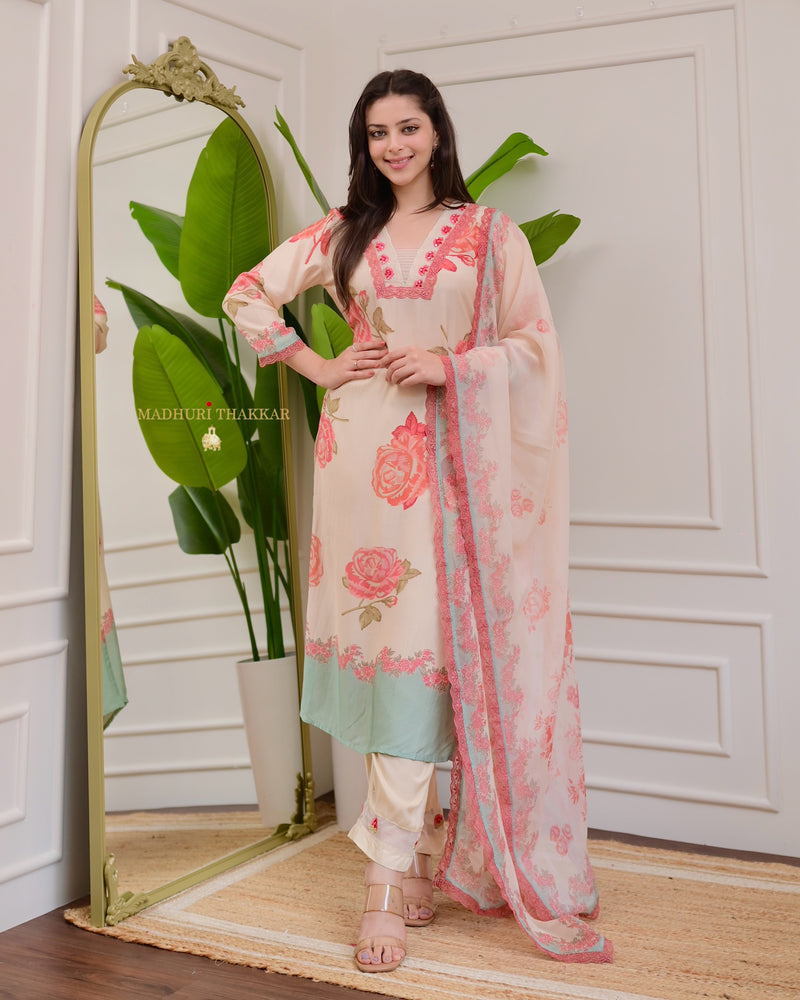 Ivory Peach Floral Muslin Threadwork Suit