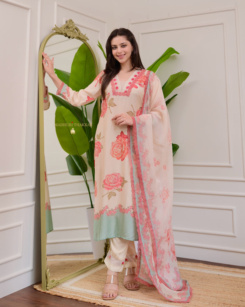 Ivory Peach Floral Muslin Threadwork Suit