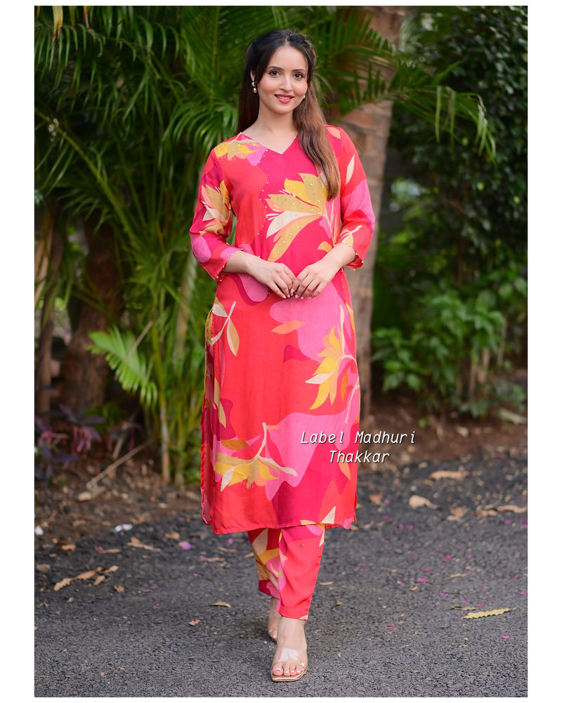 Pink Abstract Sequin Muslin Kurta Set