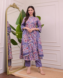 Lavender Floral Threadwork Cotton A Line Suit