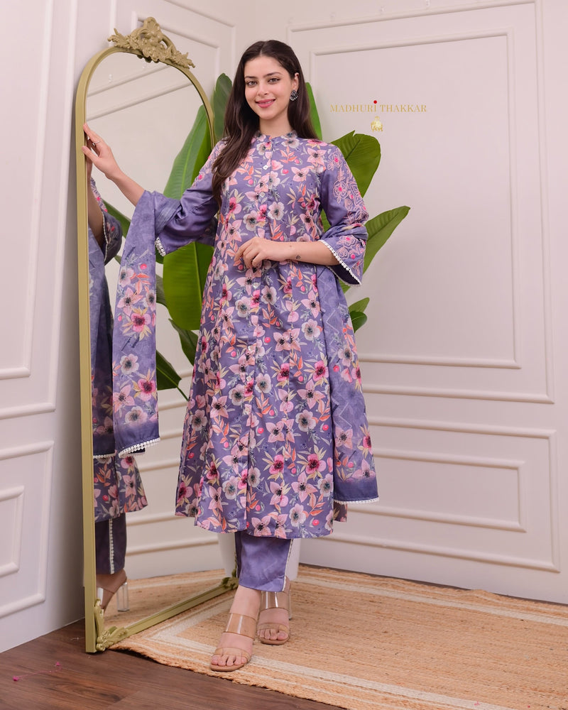 Lavender Floral Threadwork Cotton A Line Suit