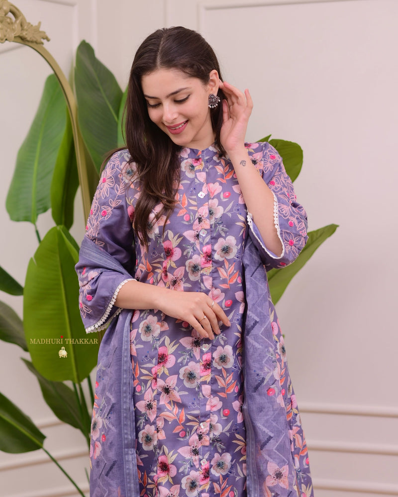 Lavender Floral Threadwork Cotton A Line Suit