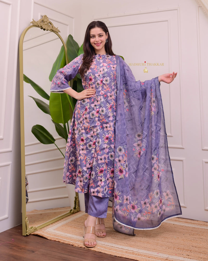 Lavender Floral Threadwork Cotton A Line Suit