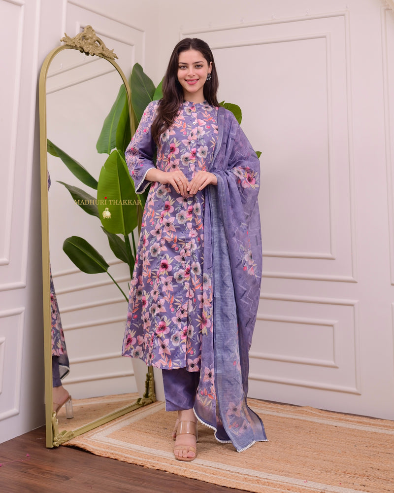 Lavender Floral Threadwork Cotton A Line Suit