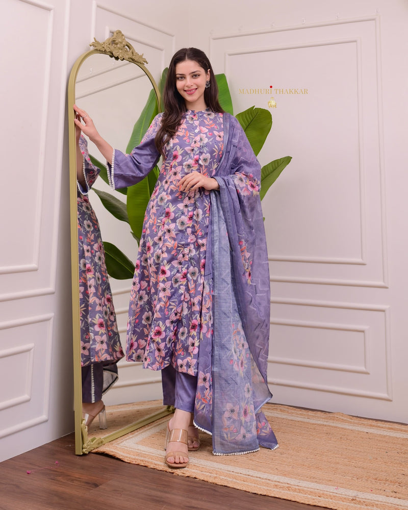 Lavender Floral Threadwork Cotton A Line Suit