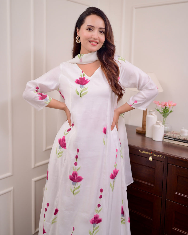 Ivory Chanderi Cotton Floral A Line Suit