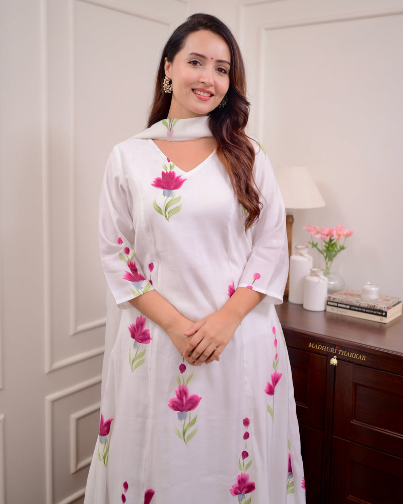 Ivory Chanderi Cotton Floral A Line Suit