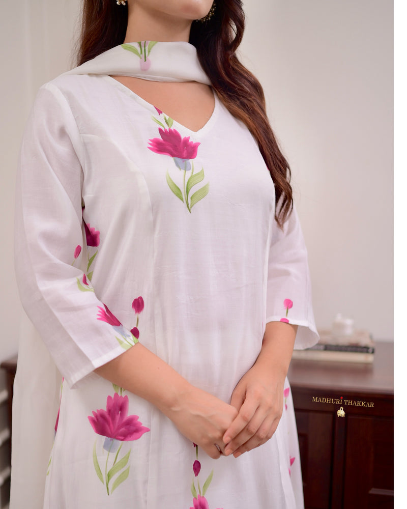 Ivory Chanderi Cotton Floral A Line Suit