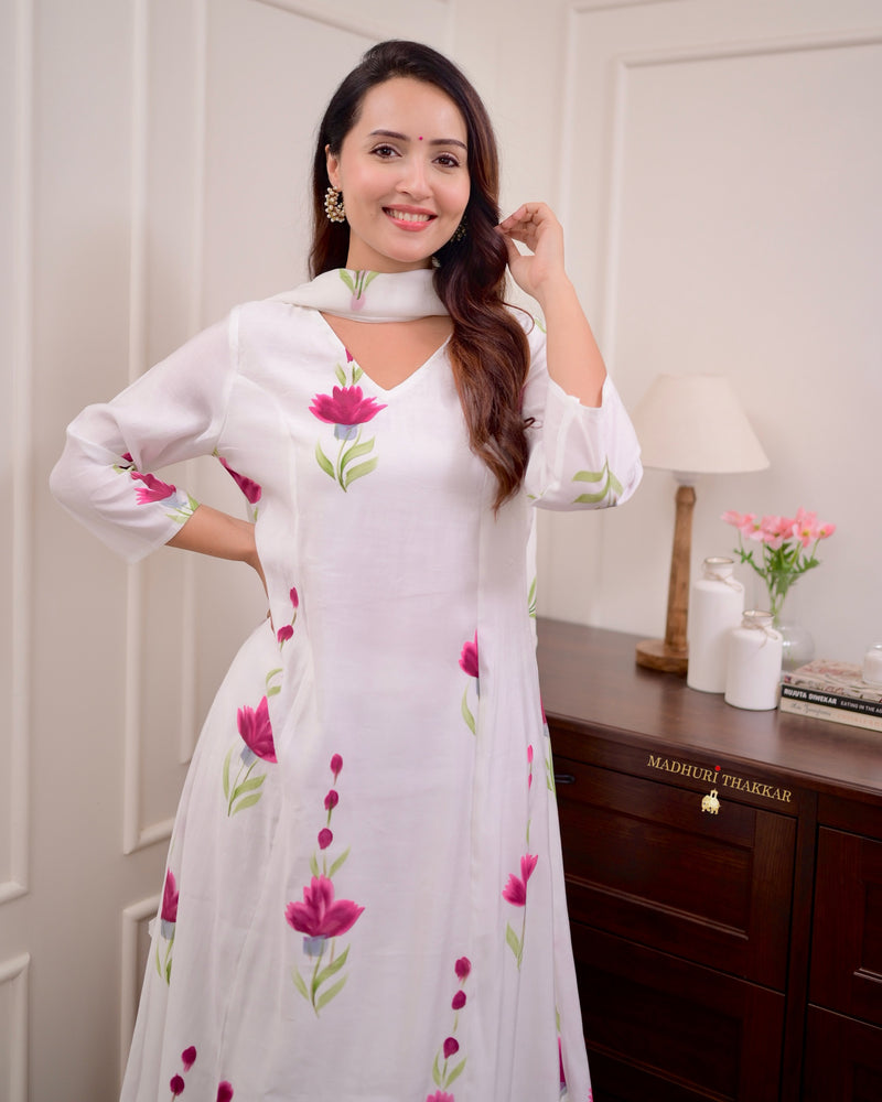 Ivory Chanderi Cotton Floral A Line Suit