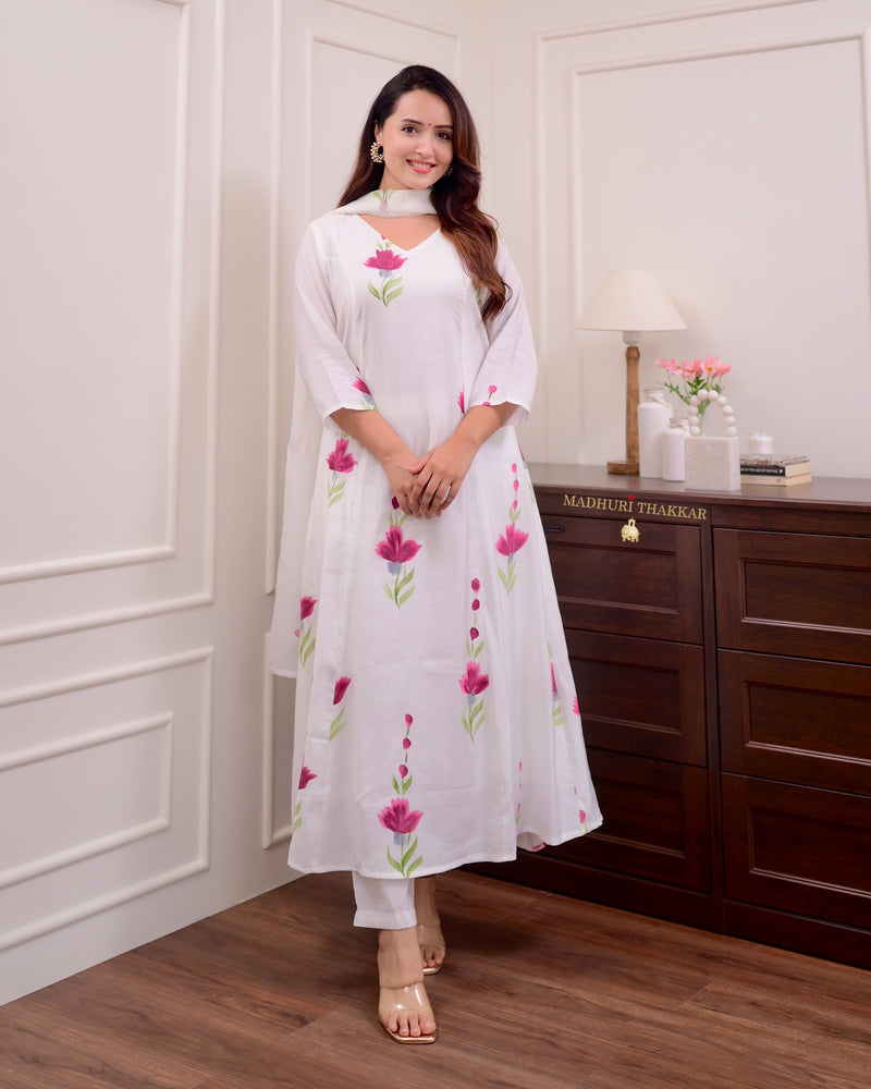 Ivory Chanderi Cotton Floral A Line Suit