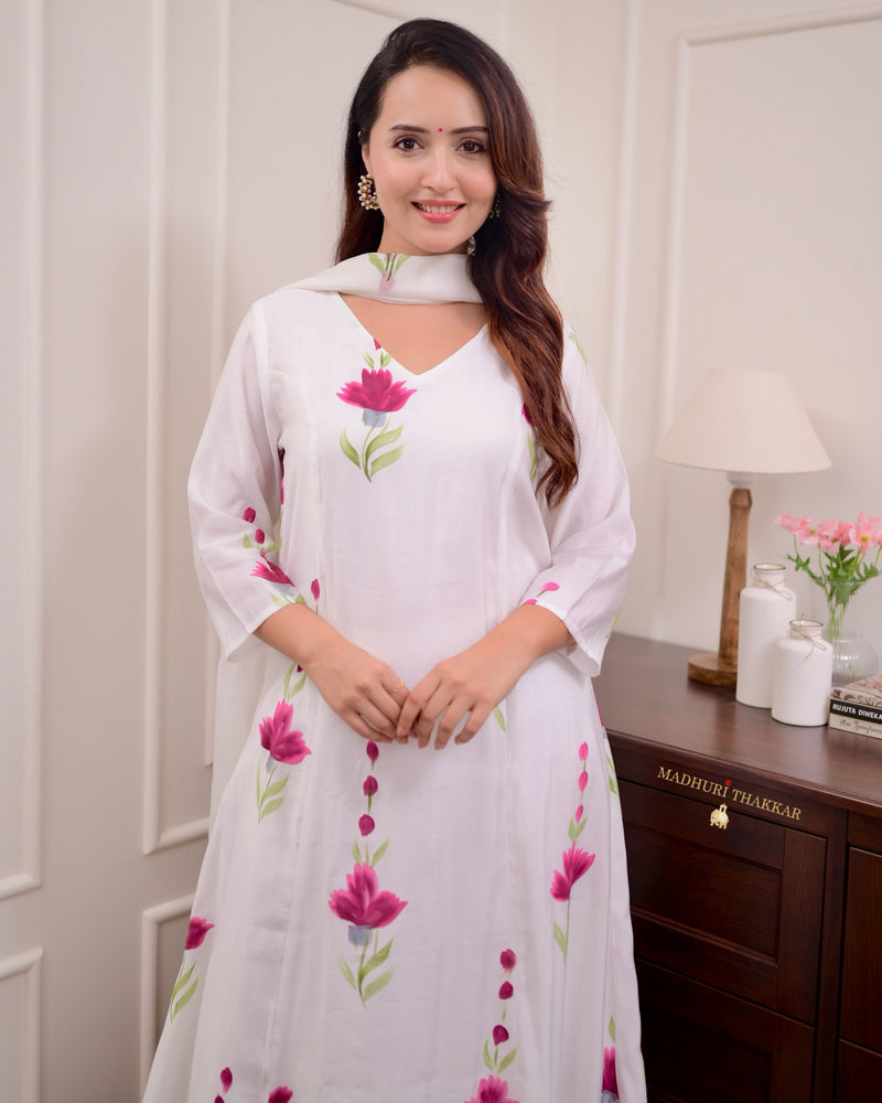 Ivory Chanderi Cotton Floral A Line Suit