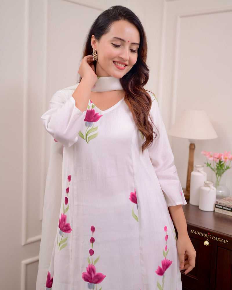 Ivory Chanderi Cotton Floral A Line Suit