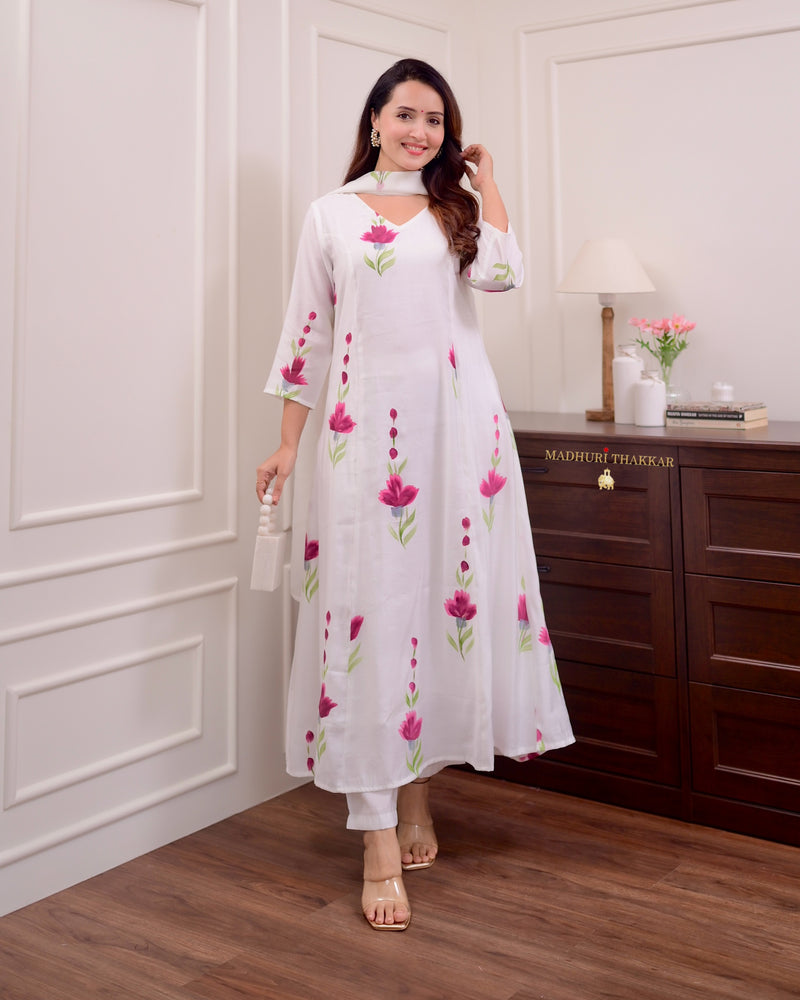 Ivory Chanderi Cotton Floral A Line Suit