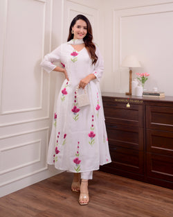 Ivory Chanderi Cotton Floral A Line Suit