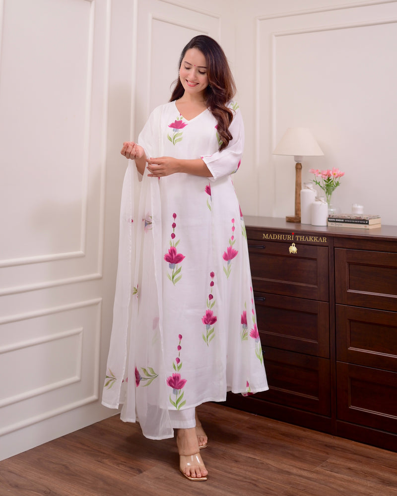 Ivory Chanderi Cotton Floral A Line Suit