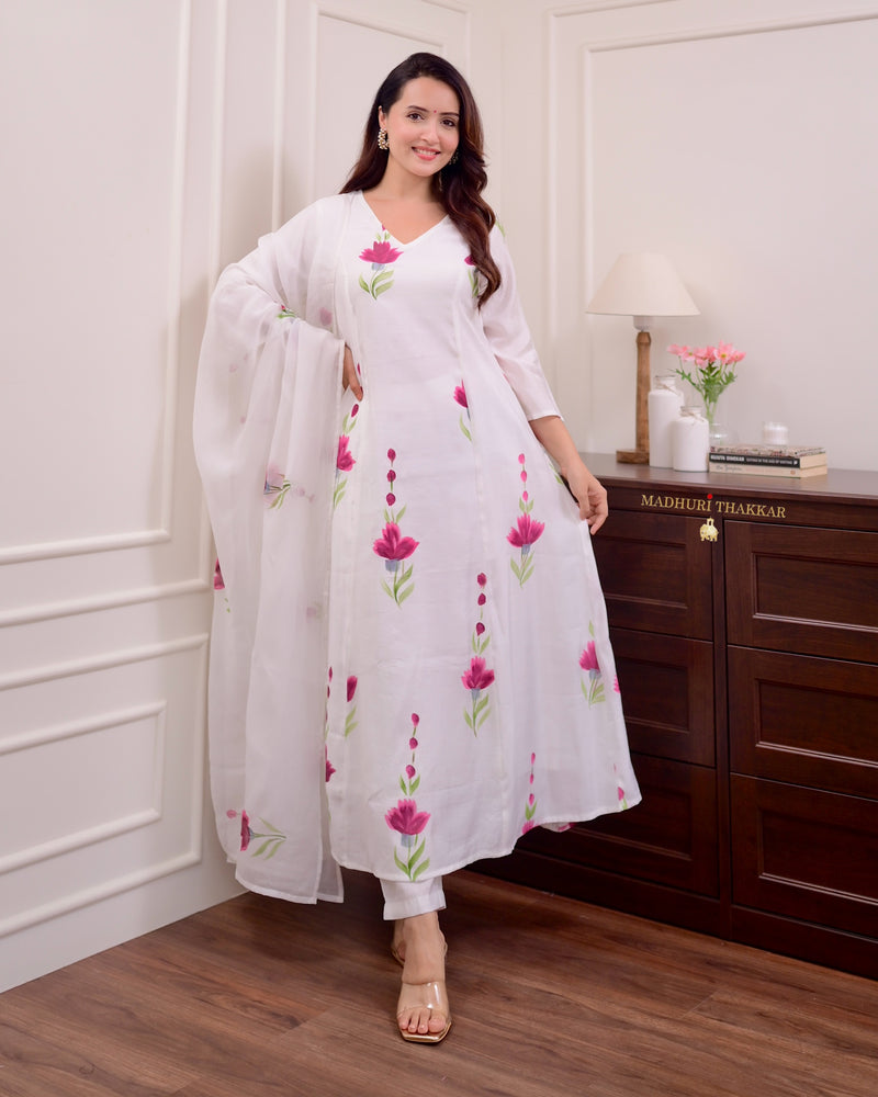 Ivory Chanderi Cotton Floral A Line Suit