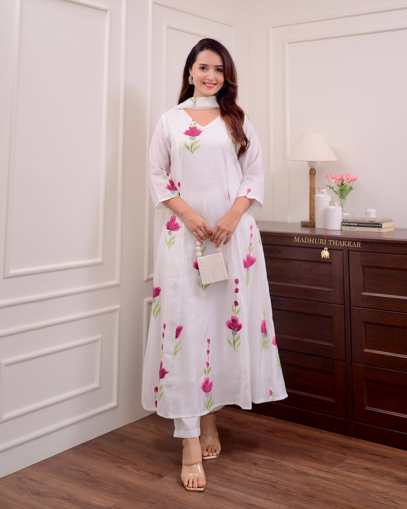 Ivory Chanderi Cotton Floral A Line Suit