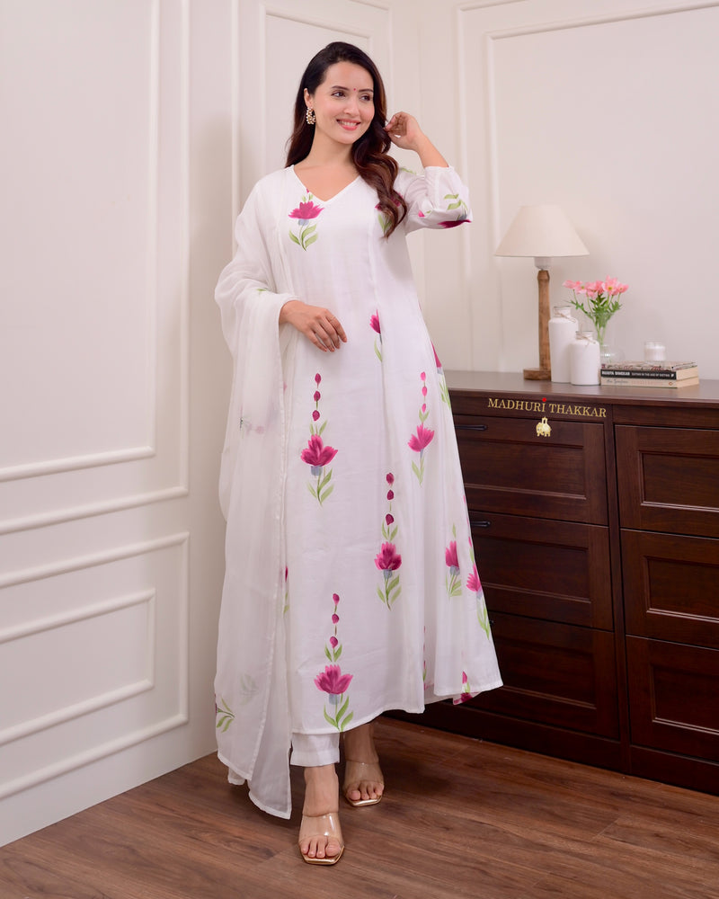 Ivory Chanderi Cotton Floral A Line Suit