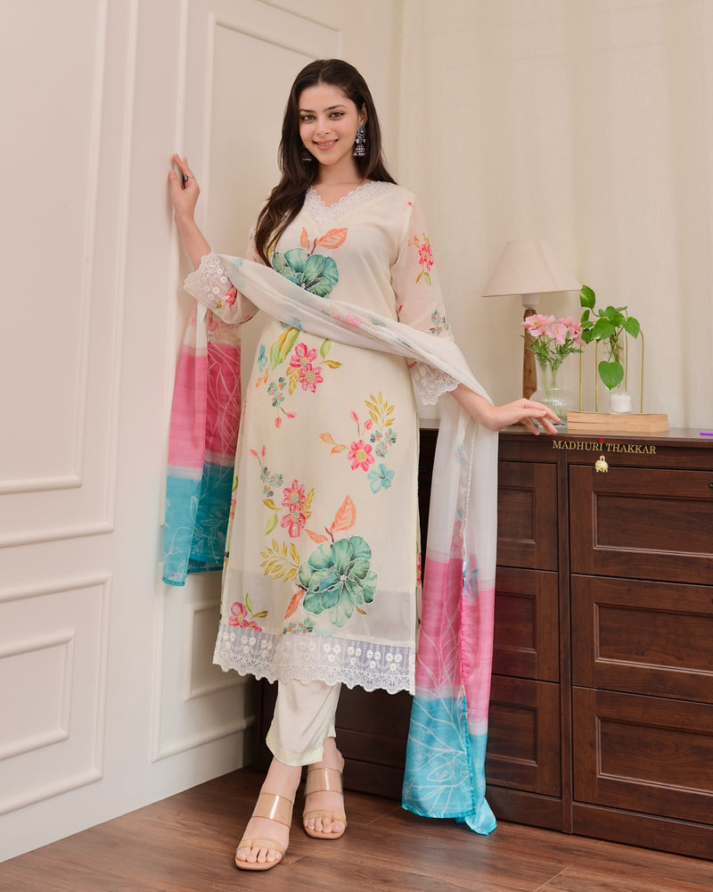 Ivory Handwork Floral Organza Pakistani Suit