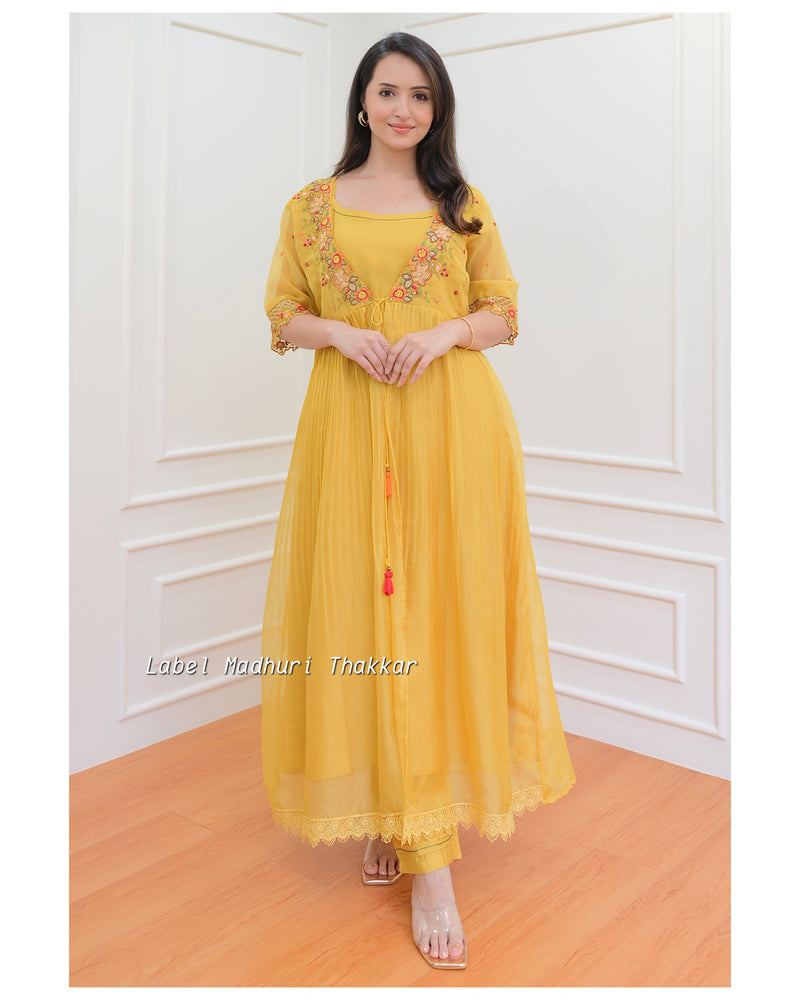 Mustard Embroidered Cape A Line Suit