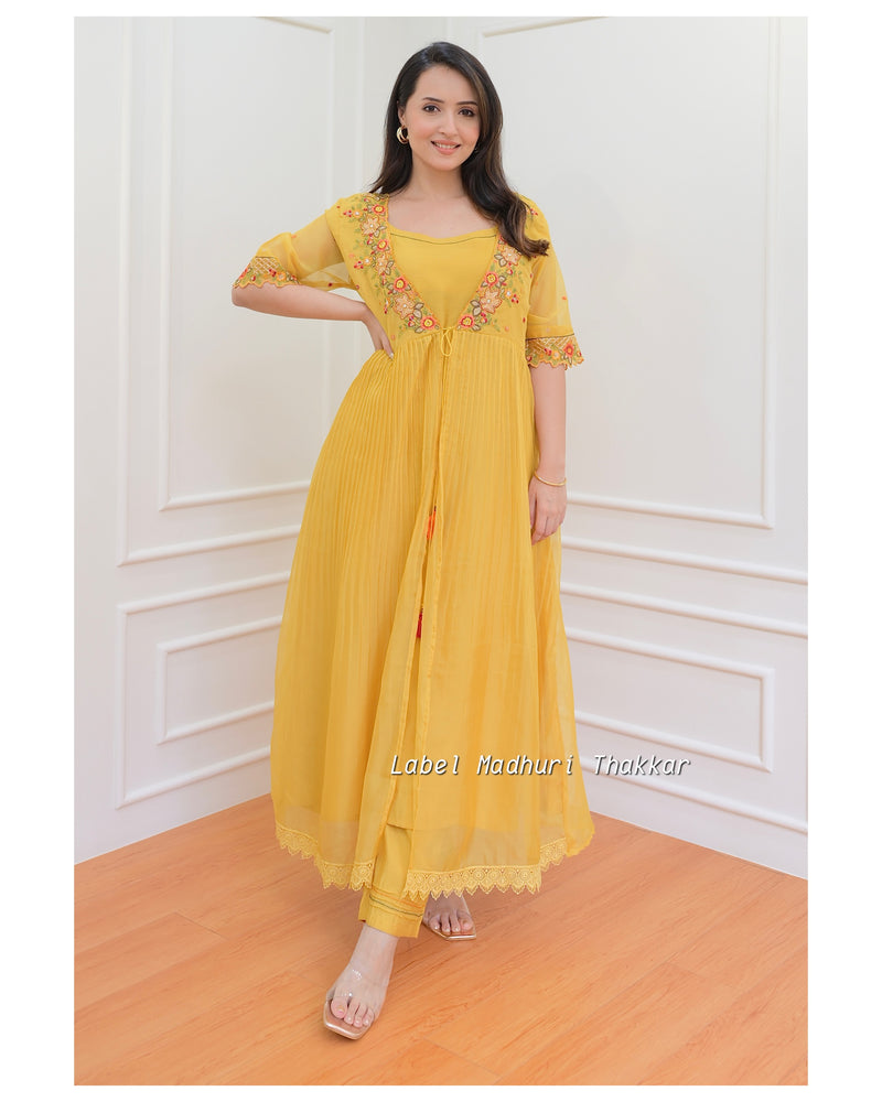 Mustard Embroidered Cape A Line Suit