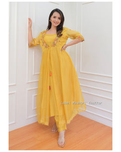 Mustard Embroidered Cape A Line Suit