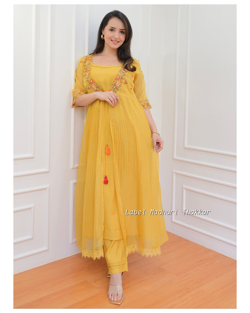 Mustard Embroidered Cape A Line Suit