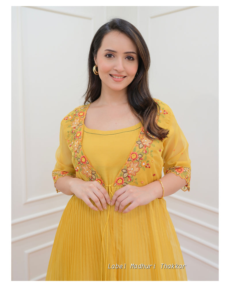 Mustard Embroidered Cape A Line Suit