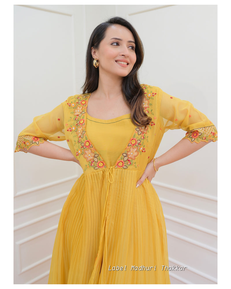 Mustard Embroidered Cape A Line Suit