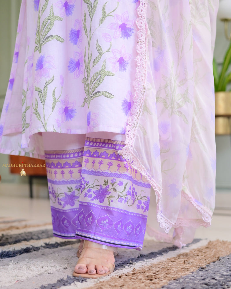 Lilac Floral A Line Premium Cotton Suit