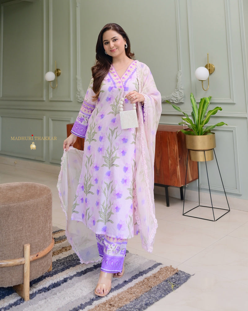 Lilac Floral A Line Premium Cotton Suit