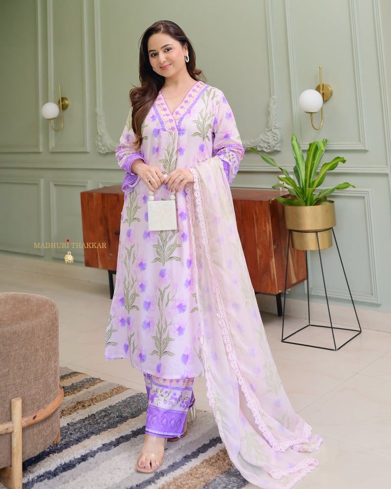 Lilac Floral A Line Premium Cotton Suit