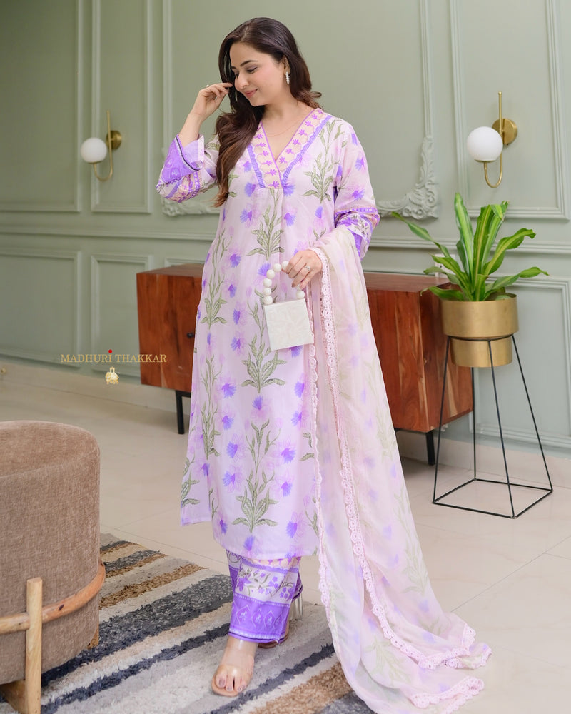 Lilac Floral A Line Premium Cotton Suit