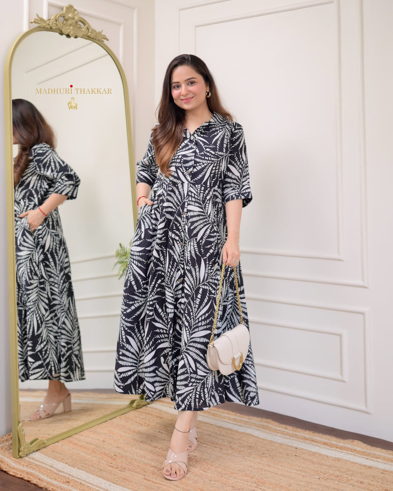 Black White Leaf Cotton A Line Dress