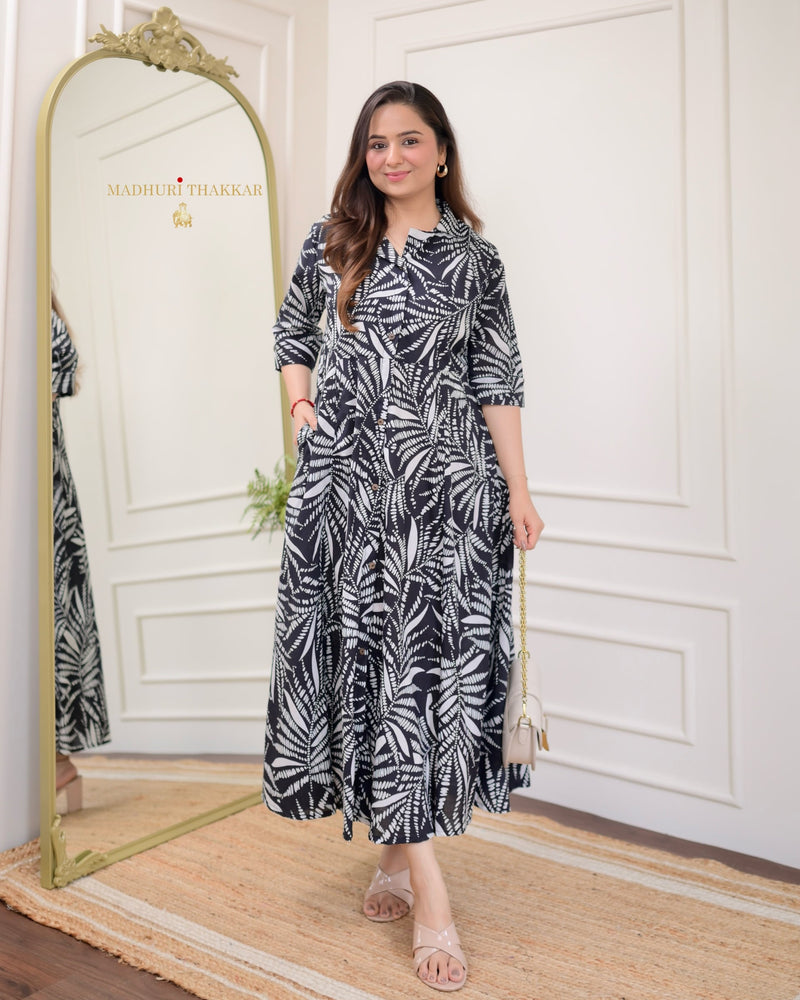 Black White Leaf Cotton A Line Dress