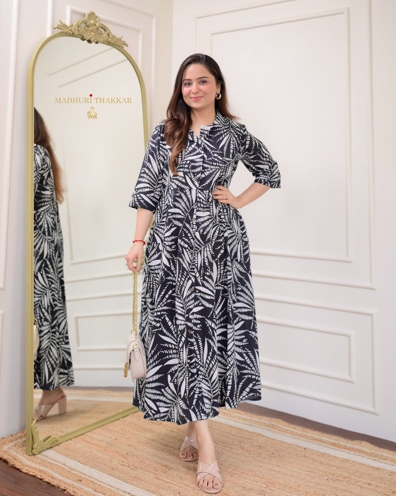 Black White Leaf Cotton A Line Dress